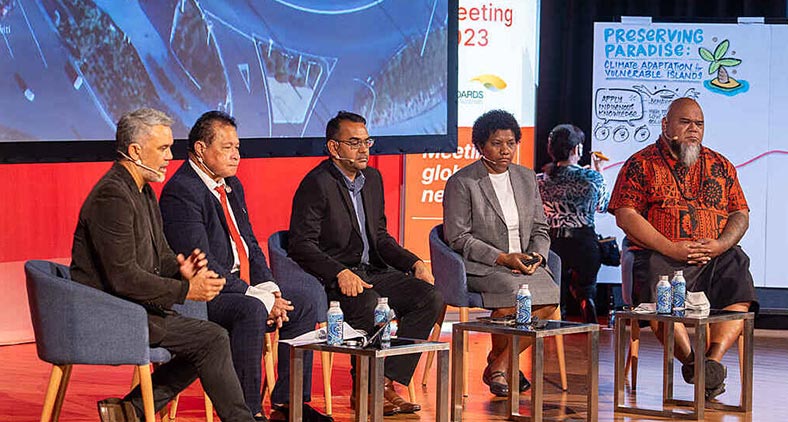 Climate solutions for small islands featuring (from left) Derek Kawiti, Hon Crossley Tatui, Kushaal Raj, Esline Garaebiti, and Hon Vaimu'a Muliava